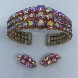 Vtg ALICE CAVINESS ? pink borealis rhinestone crystal earrings cuff bracelet set